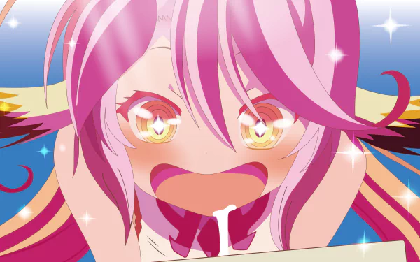 HD desktop wallpaper featuring Jibril from the anime No Game No Life, showcasing her with wide eyes and an excited expression against a vibrant background.