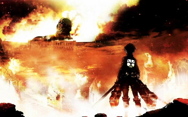 HD desktop wallpaper of an intense scene from the anime Attack on Titan, featuring Eren Yeager facing a colossal titan amidst fiery destruction.