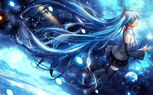 Anime-style HD desktop wallpaper featuring Hatsune Miku with long, flowing twintails in a vibrant, space-themed background. Miku is shown in a dynamic pose amidst celestial elements.