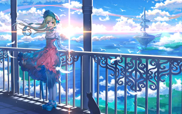An anime girl with blonde hair and green eyes in a colorful dress stands on a balcony overlooking an ocean with a floating island on the horizon; a black cat sits beside her. The sky is bright with clouds.