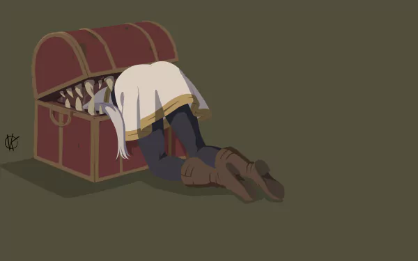 Anime-style 4K Ultra HD wallpaper featuring a character from Frieren: Beyond Journey's End, depicted humorously stuck headfirst in a treasure chest.