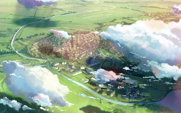 A vibrant anime landscape showcases a serene village nestled in lush greenery, with a flowing river and fluffy clouds above. This HD image serves as a stunning desktop wallpaper.
