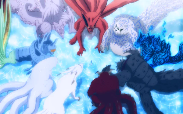 Epic HD wallpaper of Kurama, Gyûki, Saiken, Kokuô, Son Gokû, Isobu, Matatabi, Shukaku, and Sage of Six Paths from Naruto gathered in a circle, exuding powerful energy.