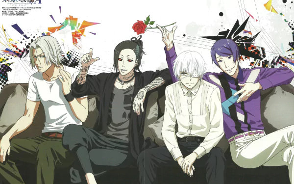 This HD desktop wallpaper features Renji Yomo, Uta, Shū Tsukiyama, and Ken Kaneki from the anime Tokyo Ghoul, sitting together on a couch with a colorful abstract background.