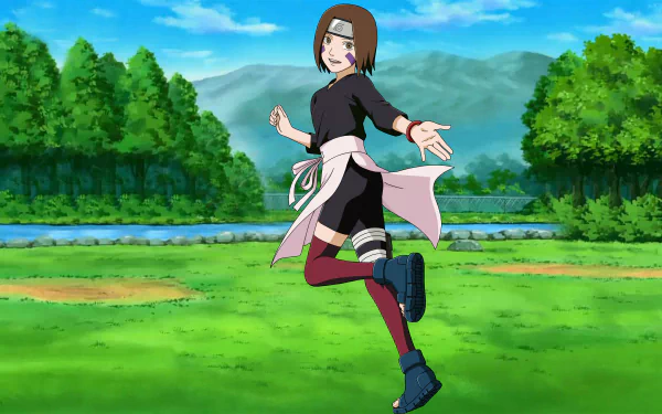 HD desktop wallpaper featuring the anime character Rin Nohara from Naruto, set against a lush green landscape with trees, a river, and mountains under a blue sky.