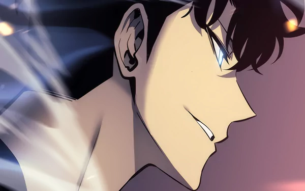 HD desktop wallpaper featuring Sung Jin-Woo from the anime Solo Leveling, showcasing a confident expression with dynamic lighting and shading effects.