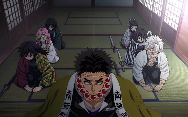 Anime scene from Demon Slayer: Kimetsu no Yaiba featuring characters seated in a traditional room, presented as a 4K Ultra HD PC desktop wallpaper.