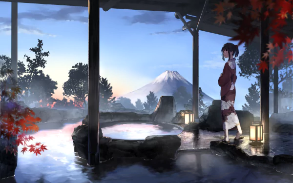 An HD anime desktop wallpaper showing a serene outdoor hot spring with a girl in a kimono, framed by red maple leaves and a distant view of a snow-capped mountain at dawn.