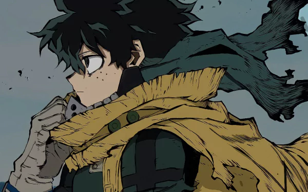 HD desktop wallpaper featuring Izuku Midoriya from the anime My Hero Academia, portrayed in a contemplative side profile with a tattered scarf blowing in the wind.
