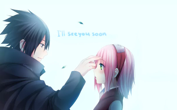 A vibrant HD anime wallpaper featuring Sasuke Uchiha and Sakura Haruno from Naruto, capturing a moment of connection with the text I'll see you soon in the background.