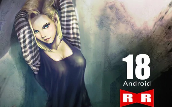 HD desktop wallpaper featuring Android 18 from Dragon Ball Z, in a striking pose with arms raised, wearing a striped sleeve shirt. The background is artistically styled and includes the Red Ribbon logo.