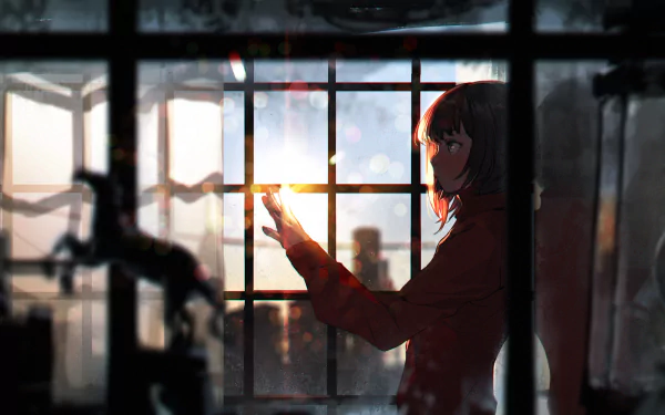 HD wallpaper featuring an anime girl standing by a window, reaching towards the sunlight. The background shows a scenic view through the window, adding a serene atmosphere to the image.