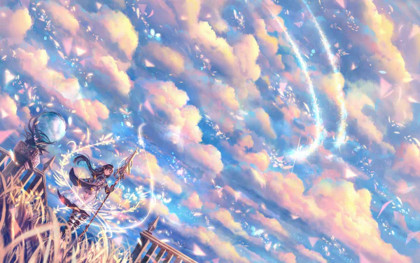HD anime desktop wallpaper featuring an original scene of a character with a bow and arrow amidst a dreamy, pastel-colored sky filled with clouds and sparkles.
