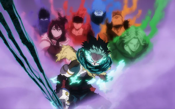 4K Ultra HD anime wallpaper featuring Izuku Midoriya from My Hero Academia surrounded by colorful, dynamic energy effects in an intense action scene.