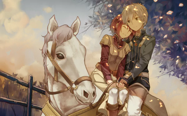 HD desktop wallpaper featuring Zen Wistalia Clarines and Shirayuki from the anime Akagami no Shirayuki-hime (Snow White with the Red Hair), sitting together on a white horse under a tree.
