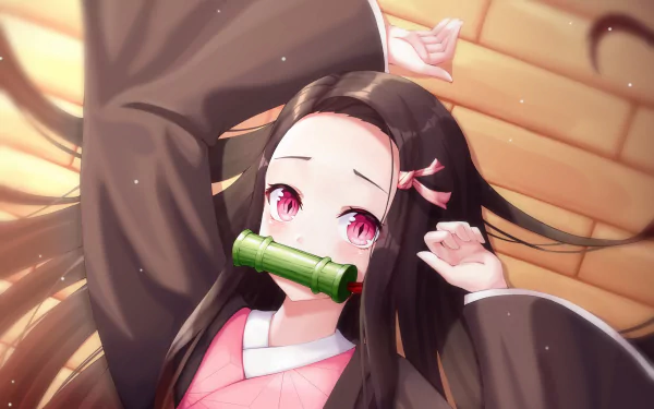 HD anime desktop wallpaper featuring Nezuko Kamado from Demon Slayer: Kimetsu no Yaiba, showcasing her signature pink eyes and bamboo muzzle in vibrant detail.