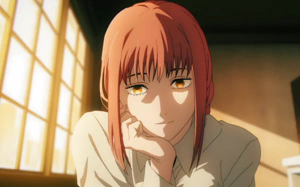Makima from Chainsaw Man is shown in detailed anime style with warm lighting, featured in an 8K Ultra HD PC desktop wallpaper.