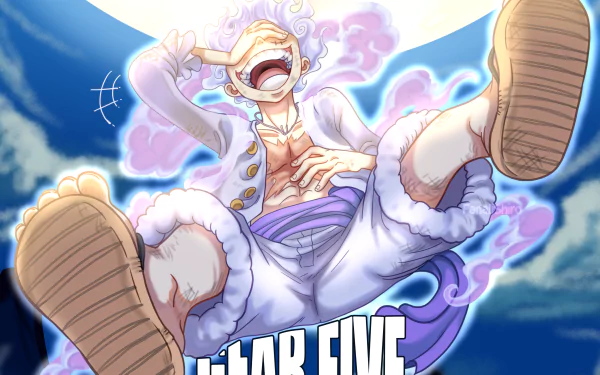 HD PC desktop wallpaper featuring Monkey D. Luffy in Gear 5 form from the anime One Piece, depicted with dynamic energy and vibrant colors against a blue sky.