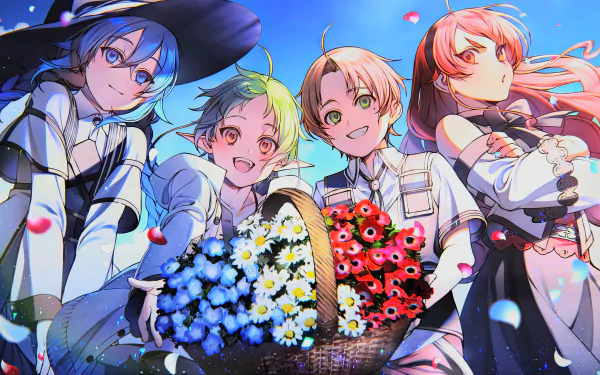 An 8K Ultra HD anime wallpaper featuring Rudeus Greyrat, Eris Boreas Greyrat, Sylphiette, and Roxy Migurdia from Mushoku Tensei: Jobless Reincarnation with vibrant flowers.
