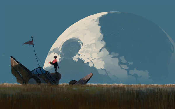 Anime landscape featuring a lone figure standing on a small vehicle in a field, with a giant moon dominating the background, rendered in 4K Ultra HD for PC desktops.