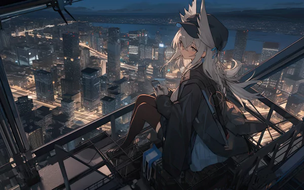 An anime character with long hair sits on a rooftop at night, overlooking a brightly lit cityscape. The image is a high-definition anime wallpaper and background.
