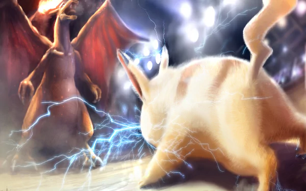 HD desktop wallpaper featuring an epic battle between Charizard and Pikachu, with intense lightning and dynamic anime art from the Pokémon series.