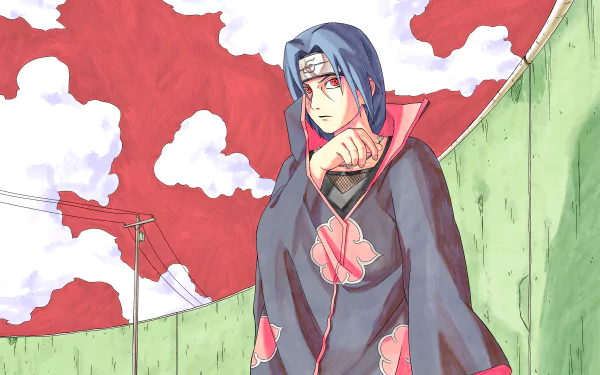 HD wallpaper featuring Itachi Uchiha from the anime Naruto, set against a vivid red sky with clouds and a green fence in the background.