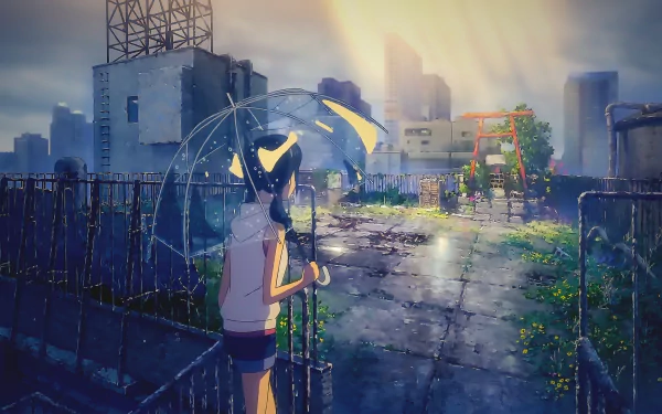 A HD wallpaper featuring Hina Amano from Weathering with You (Tenki no Ko). She stands on a rooftop holding an umbrella, with sunlight breaking through clouds over a cityscape.