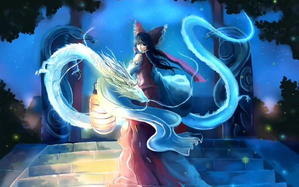 HD desktop wallpaper of Reimu Hakurei, a shrine maiden from the Touhou anime series, standing on stone steps at night, surrounded by a glowing dragon-like figure.