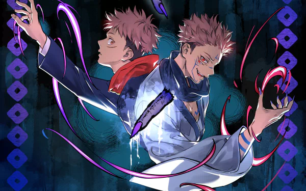 HD wallpaper of Sukuna and Yuji Itadori from Jujutsu Kaisen, portrayed in dynamic poses with mystical patterns in the background.
