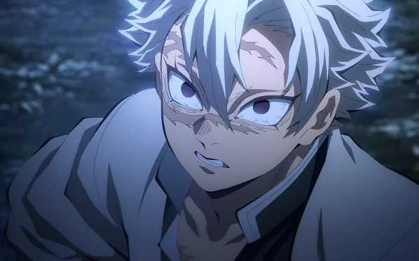 4K Ultra HD Anime wallpaper featuring Sanemi Shinazugawa from Demon Slayer: Kimetsu no Yaiba with intense expression in a dark, moody setting.