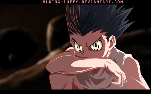 HD desktop wallpaper of Gon Freecss from Hunter x Hunter with intense gaze, tagged with artist's watermark.