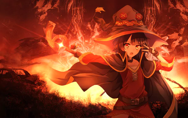 Anime HD desktop wallpaper featuring Megumin from KonoSuba - God’s Blessing on This Wonderful World!!, casting an explosion spell in a dramatic, fiery background.