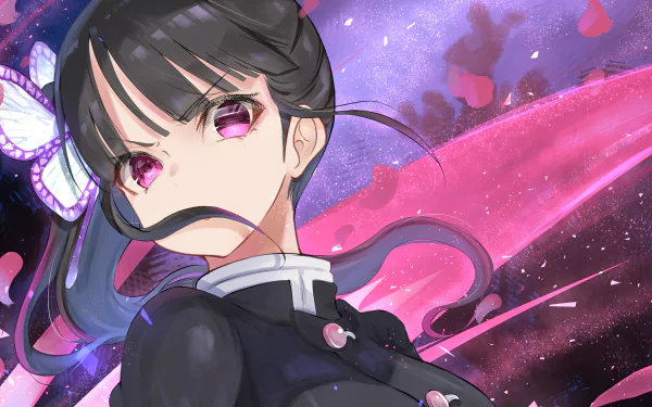 Kanao Tsuyuri from Demon Slayer: Kimetsu no Yaiba stands confidently against a vibrant, swirling background, capturing the essence of her character in this stunning HD wallpaper.