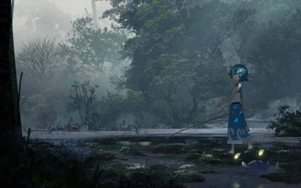 Anime-style 4K Ultra HD wallpaper featuring Lana from Pokémon standing in a misty forest with her Seaking, captured in a moody, atmospheric scene.