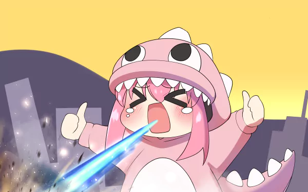 Hitori Gotou from Bocchi the Rock! in a pink dinosaur costume, shooting a blue beam from her mouth against a cityscape at sunset, 4K Ultra HD anime wallpaper.