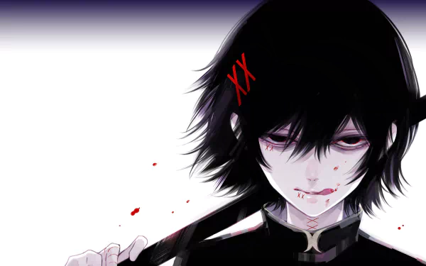HD wallpaper of Juuzou Suzuya from Tokyo Ghoul:re. The character has black hair, XX red stitches on his forehead, and blood splatter on his face and around him, creating a dark, intense atmosphere.
