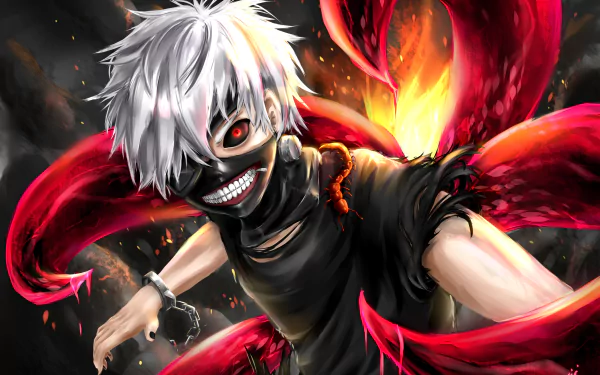 HD desktop wallpaper featuring Ken Kaneki from Tokyo Ghoul, depicted with white hair, an eye patch, and surrounded by red, fiery tentacles in an intense and dynamic anime art style.