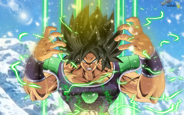 HD desktop wallpaper featuring Broly from Dragon Ball Super: Broly, depicted in an intense, powerful stance with electrifying green aura amidst a snowy mountain backdrop.