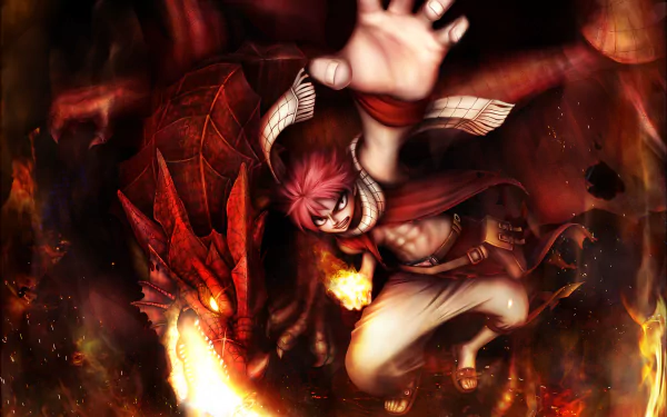HD wallpaper featuring Natsu Dragneel and Igneel from Fairy Tail anime, with Natsu reaching out dramatically while Igneel breathes fire in the background.