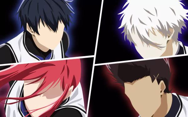 4K Ultra HD anime wallpaper featuring four faceless characters from Blue Lock, each framed in separate panels with bold contrasting backgrounds.