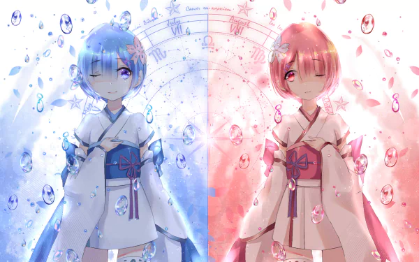HD wallpaper featuring Ram and Rem from Re:Zero - Starting Life in Another World. The twins are set against a contrasting blue and pink background, both winking and dressed in traditional attire.