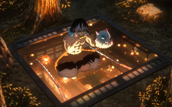 HD anime wallpaper featuring Inosuke Hashibira from Demon Slayer: Kimetsu no Yaiba, sitting inside a glowing trap set in a forest at night.