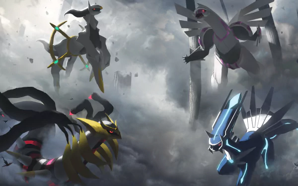 Anime-style Pokémon scene featuring legendary Pokémon in a dramatic, stormy sky, rendered as an 8K Ultra HD PC desktop wallpaper and background.