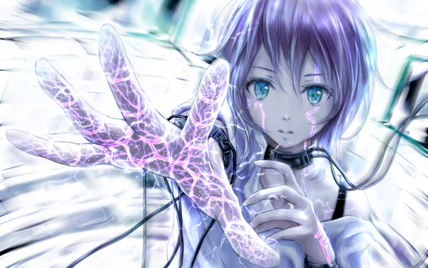 Anime girl with purple short hair and blue eyes, holding a glowing, intricate hand, set against a futuristic background. HD desktop wallpaper.