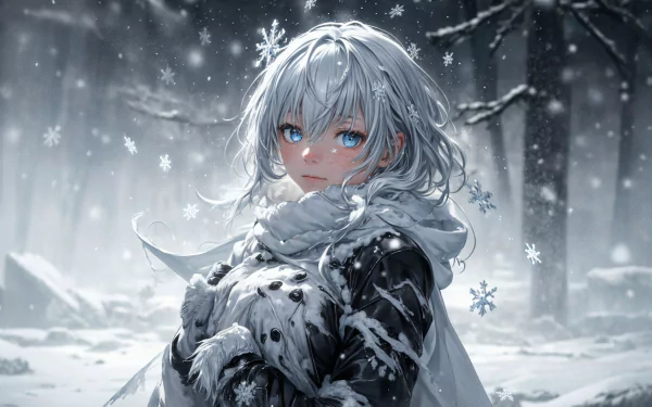 Anime girl with white hair and blue eyes stands in a snowy winter forest, surrounded by falling snowflakes in this HD PC desktop wallpaper.