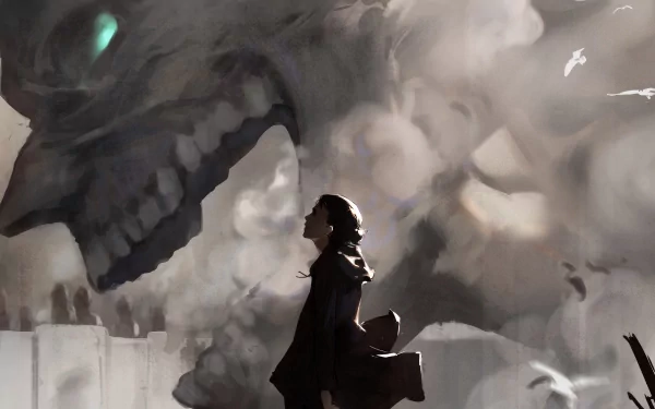 HD desktop wallpaper featuring Eren Yeager from Attack on Titan, confronting a colossal titan amidst destruction.