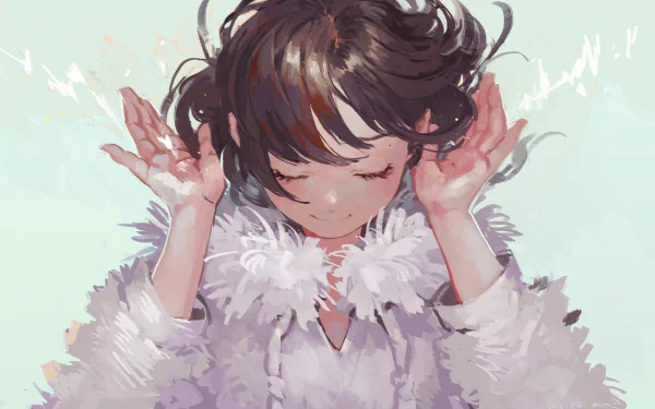 HD desktop wallpaper of an anime girl smiling with closed eyes, hands raised near her head, and wearing a fluffy white outfit.