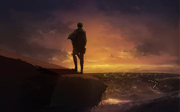 HD desktop wallpaper featuring Levi Ackerman from Attack on Titan, standing on a cliff overlooking a vast landscape at sunset. The scene is painted with rich, vibrant colors.