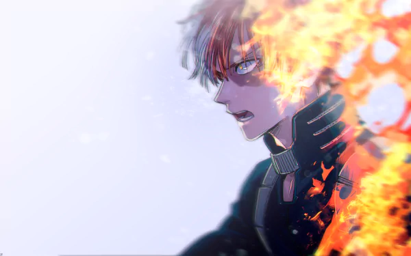 HD desktop wallpaper featuring Shoto Todoroki from My Hero Academia, showcasing his intense and determined expression surrounded by flames.